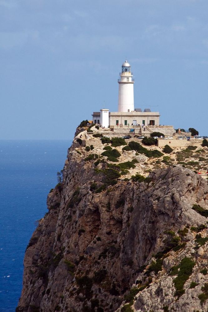 The Formentor lighthouse on top of a cliff above the sea