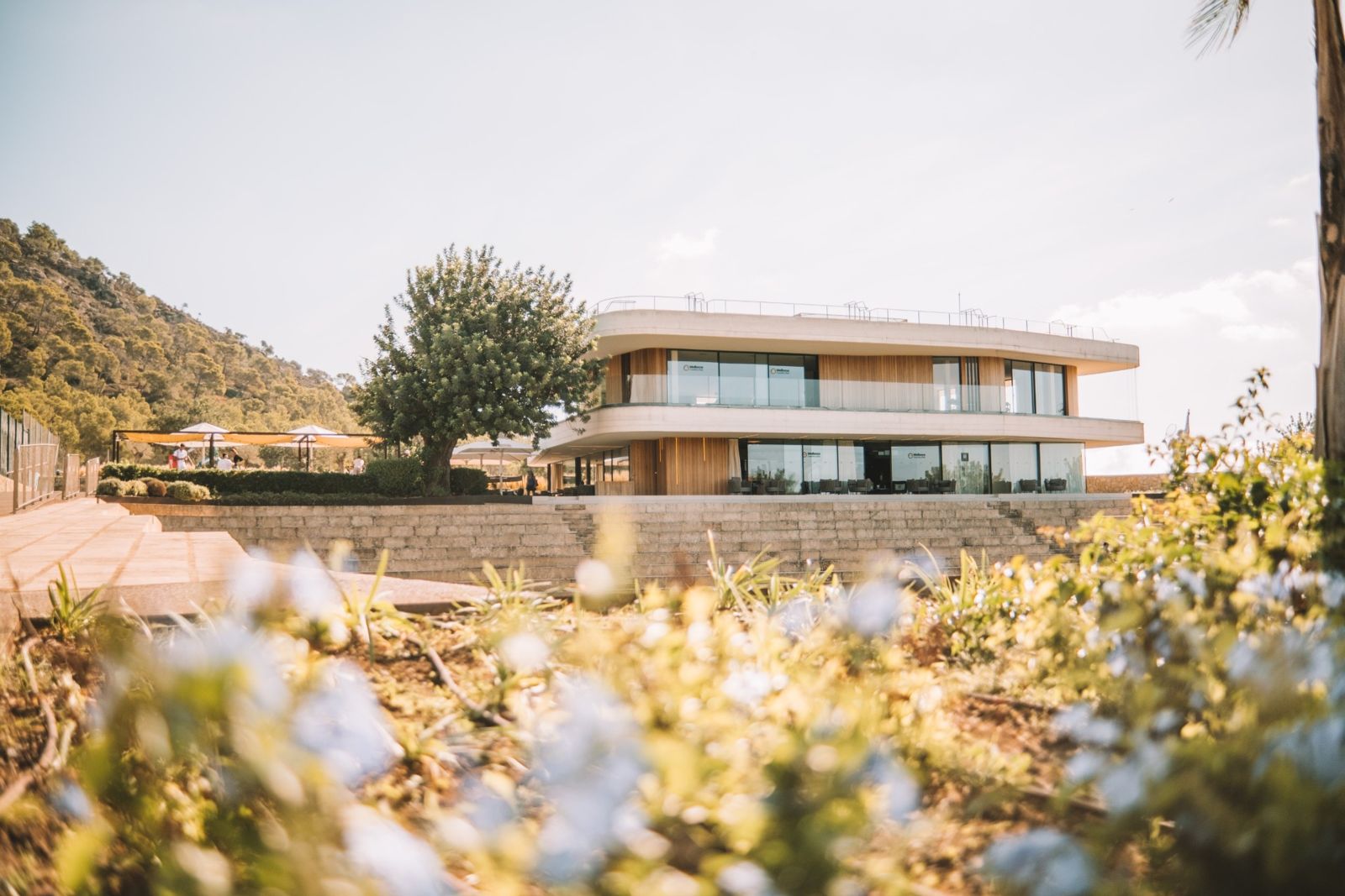 The Mallorca Country Club clubhouse among olive trees and hills